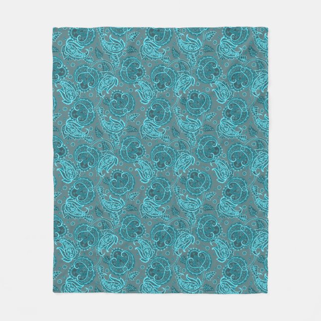 Blått paisley-damask floralt orienterat etniskt mö fleecefilt (Framsidan)