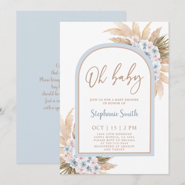 Blått Pampas Grass Arch Baby Shower Boy-inbjudan Inbjudningar (Fram/baksida)