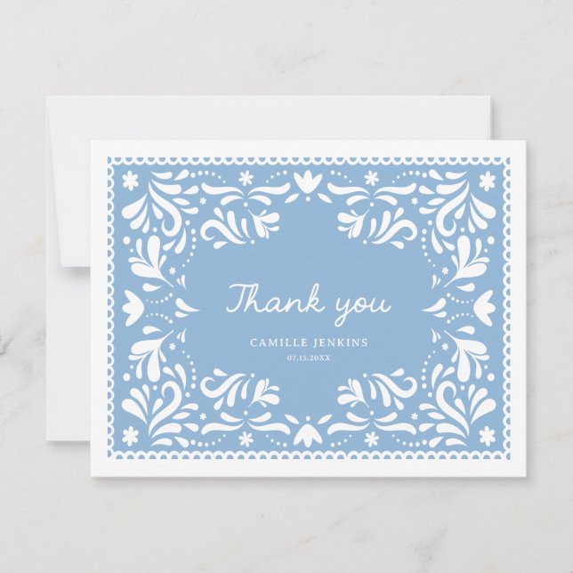 Blått Papel Picado Baby Shower Tacksamhetskort Tack Kort (Framsida)