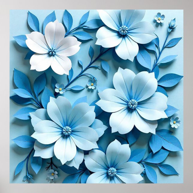 Blått papper Blommig Origami Konst Modern Elegant Poster (Framsidan)