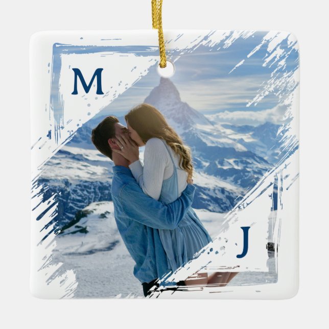 Blått par fotominne Första julen förlovade Julgransprydnad Keramik (Framsida)