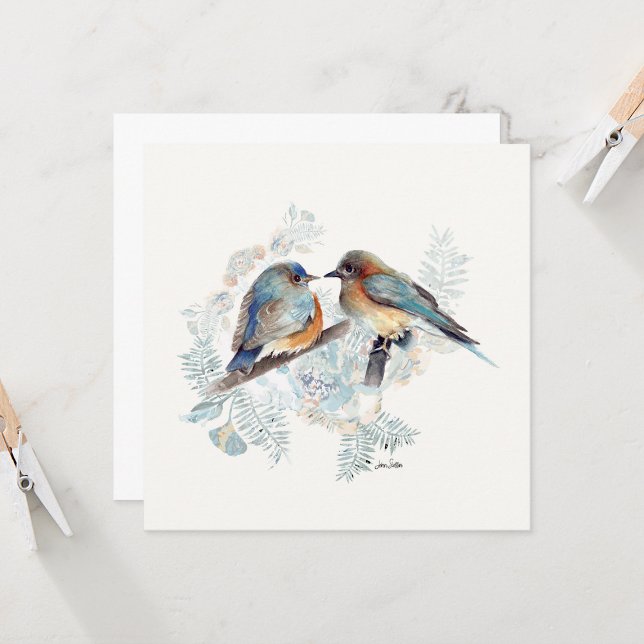 Blått par vattenfärgskort (Beautiul Watercolor Bluebird Couple Square Blank Note Cards from Jenn Steffen Art)