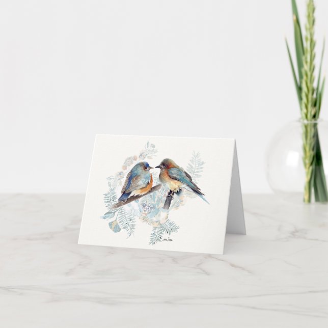 Blått par vattenfärgskort anteckningskort (Beautiful Bluebird Couple Watercolor Blank Note Cards from Jenn Steffen Art)