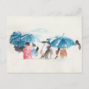 Blått paraplyer Original Watercolor Postcard 1 Vykort