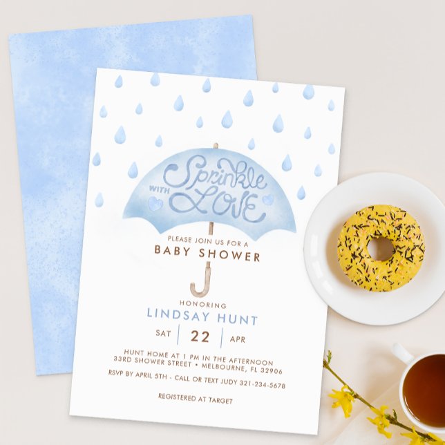 Blått paraplysklippare för babyskor - inbjudan (Blue Umbrella Sprinkle with Love Baby Shower Invite)
