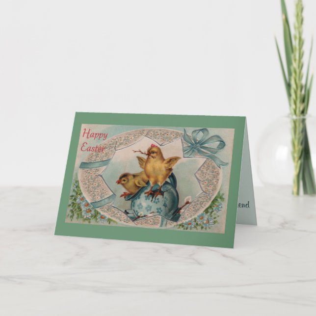 Blått Påskägg och Chickar - hälsningskort Helgkort (Framsida)