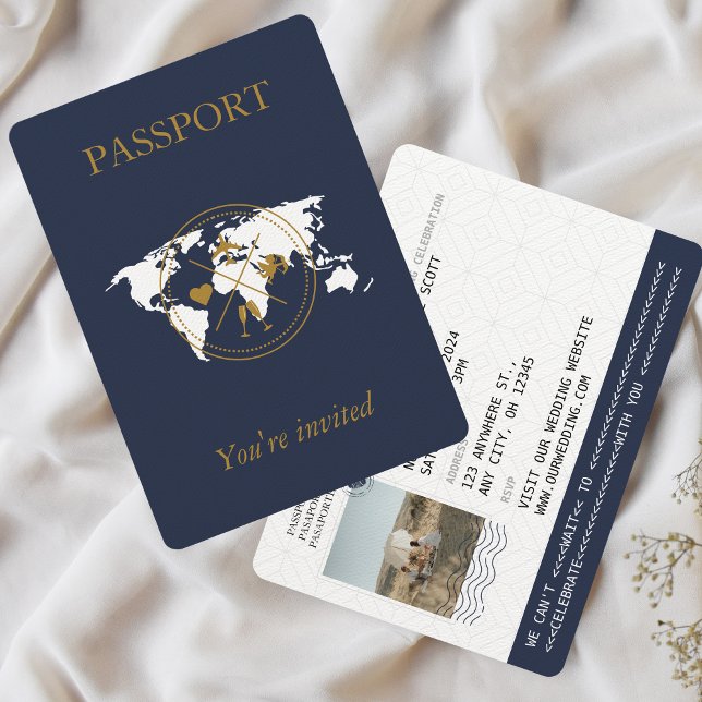 Blått pass för Guld, destinationsbröllopsfoto för  Inbjudningar (Navy Blue Passport Wedding Invitation)