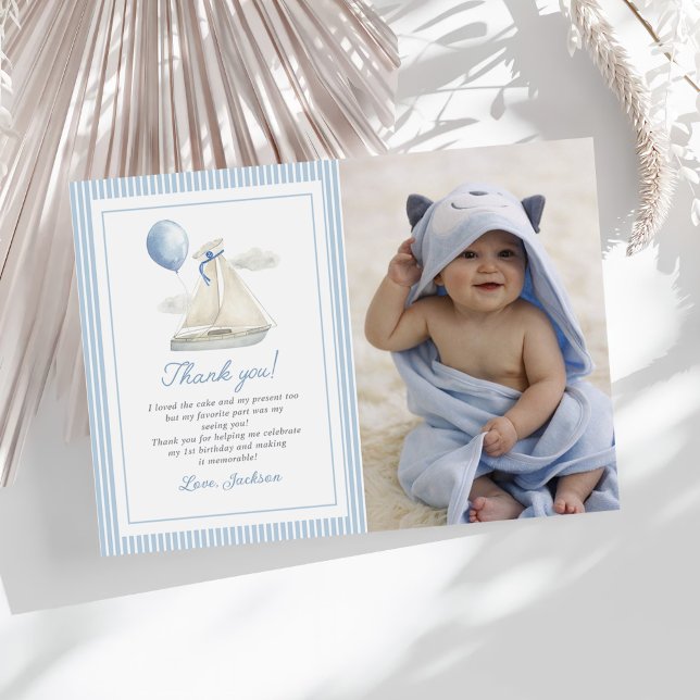 Blått Pastell Marin Segelbåt 1-års Födelsedagsfoto Tack Kort (Skapare uppladdad)