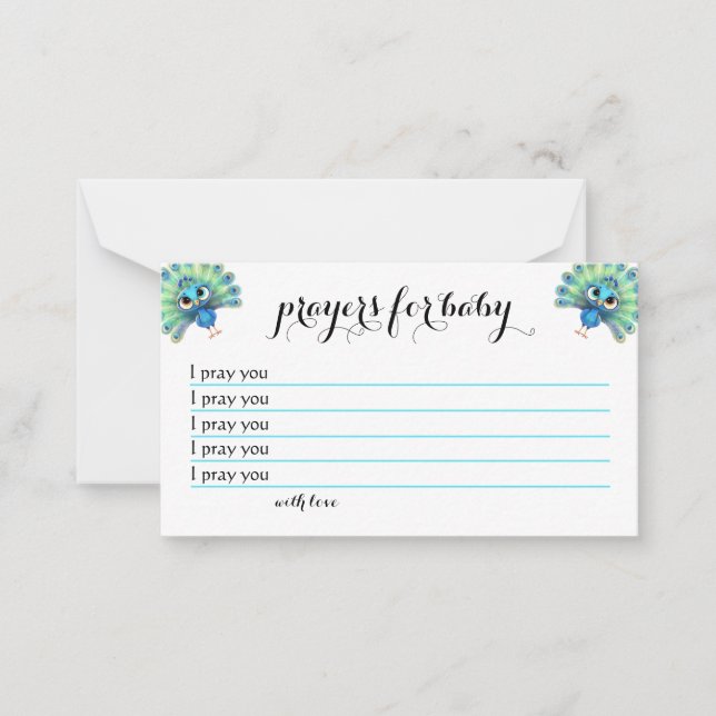 Blått peacock Baby Shower Prayers Card Anteckningskort (Framsida)