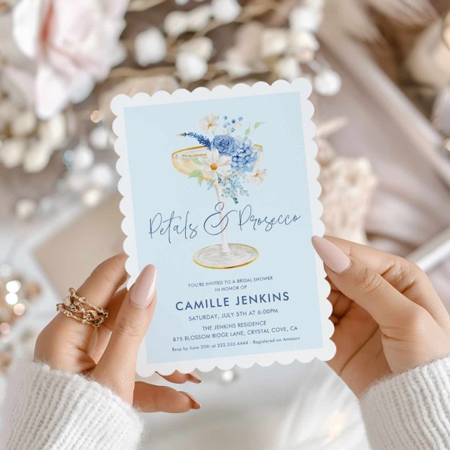 Blått Petals- och Prosecco Garden-inbjudan till Mö Inbjudningar (Blue Petals and Prosecco Bridal Shower Invitation)