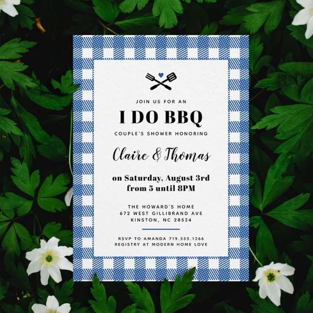 Blått Picnic Play Trasa I Do BBQ-inbjudan Inbjudningar (Blue and white sweet country gingham plaid I Do BBQ wedding party invitation )