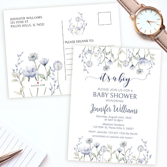 Blått pojke-duschkort för blommigt-duschinbjudan inbjudan vykort (Skapare uppladdad)