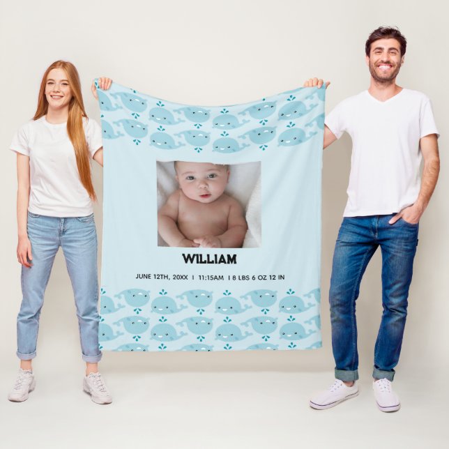 Blått Pojke Namn-födelsedatum | Foto Baby Fleecefilt (På plats)