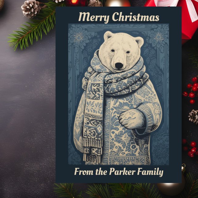 Blått Polar Bear-jul Helgkort (A Christmas card featuring an illustration of a polar bear wrapped in a scarf.)