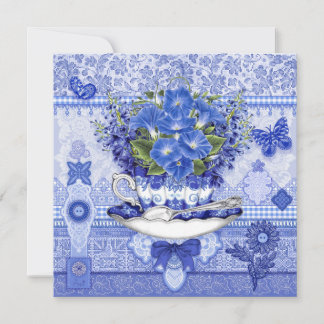 Blått Porslinskopps- och Blommorkort Julkort