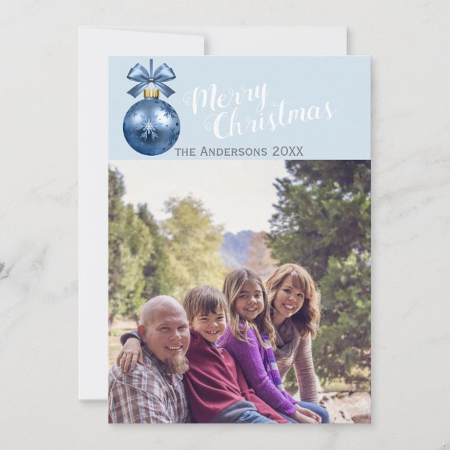 Blått prydnadsämne på jullokertecken i anpassnings julkort (Framsida)