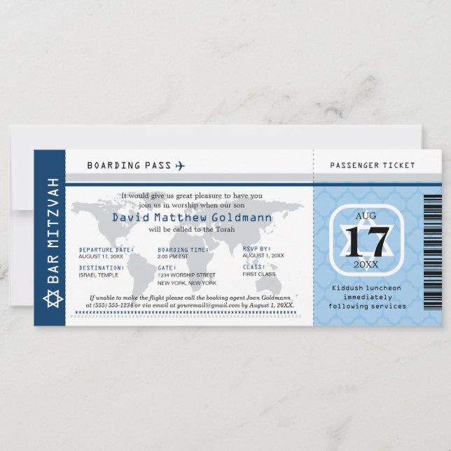 Blått Pub Mitzvah World Traveler Boarding Pass Inbjudningar (Framsida)