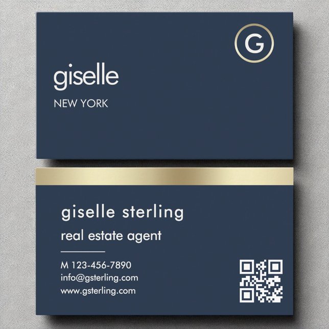 Blått QR-kod Guld Monogram för Gods Agent Visitkort (Skapare uppladdad)