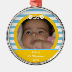Blått rand Baby:s första julfoto Ornament