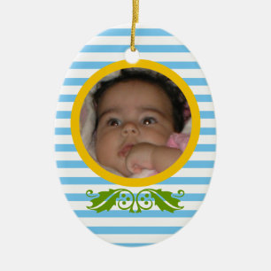 Blått rand Baby:s första julfoto Ornament
