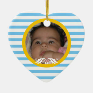 Blått rand Baby:s första julfoto Ornament
