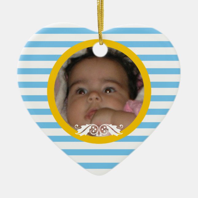 Blått rand Baby:s första julfoto Ornament (Framsidan)