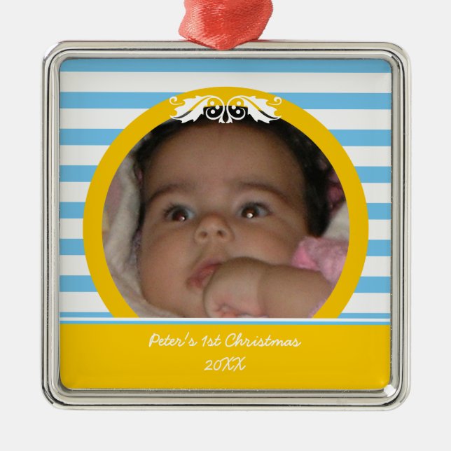 Blått rand Baby:s första julfoto Ornament (Framsidan)