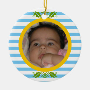Blått rand Baby:s första julfoto Ornament