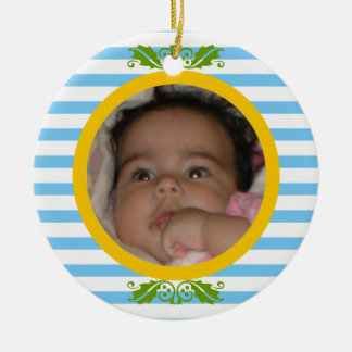 Blått rand Baby:s första julfoto Ornament