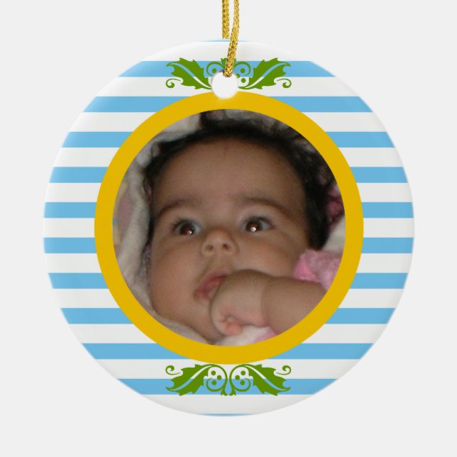 Blått rand Baby:s första julfoto Ornament (Framsidan)