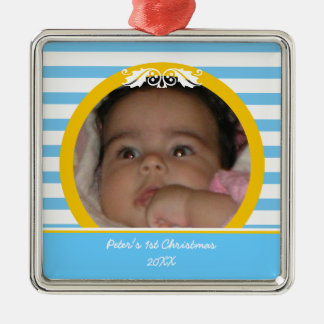 Blått rand Baby:s första julfoto Ornament