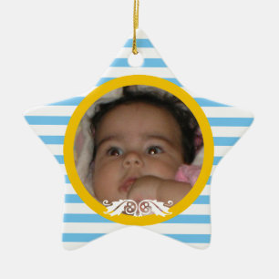 Blått rand Baby:s första julfoto Ornament