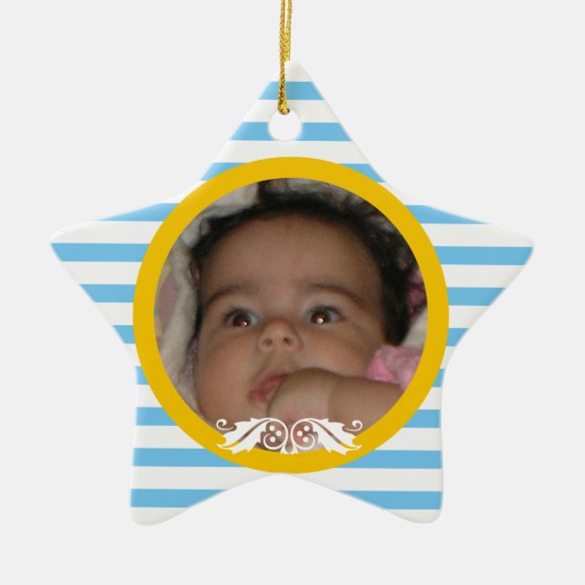 Blått rand Baby:s första julfoto Ornament (Framsidan)