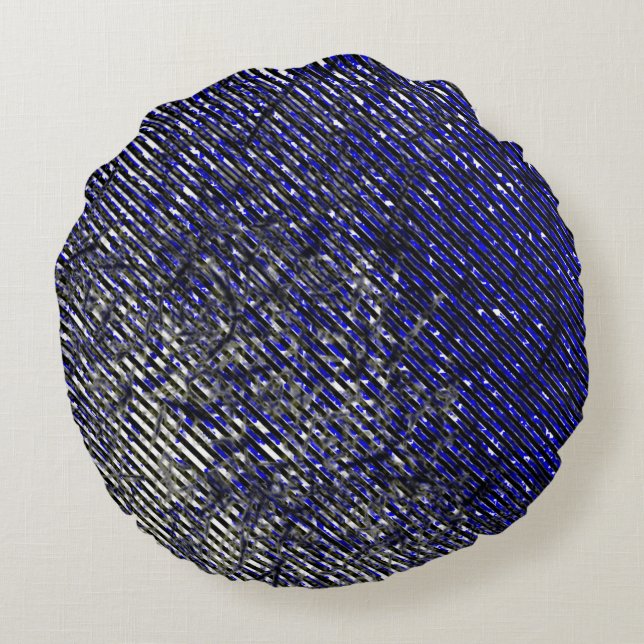 Blått rand skadat i färg och form rund kudde (Baksidan)