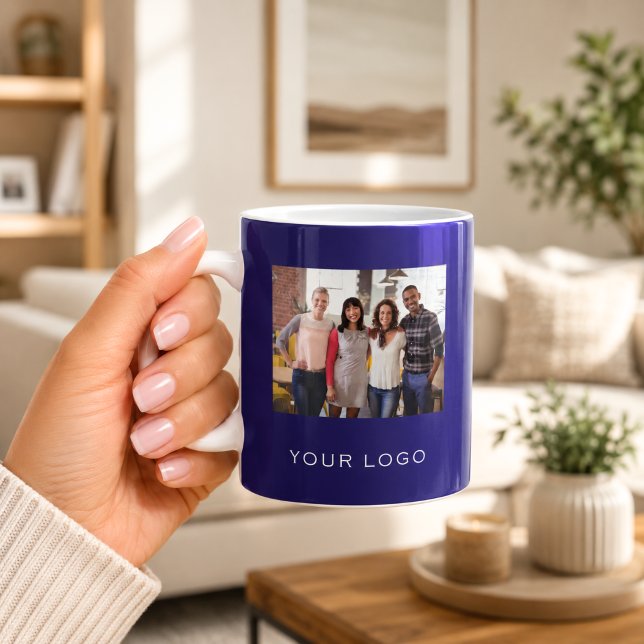 Blått rektangulärt företagslogofoto kaffemugg (Skapare uppladdad)