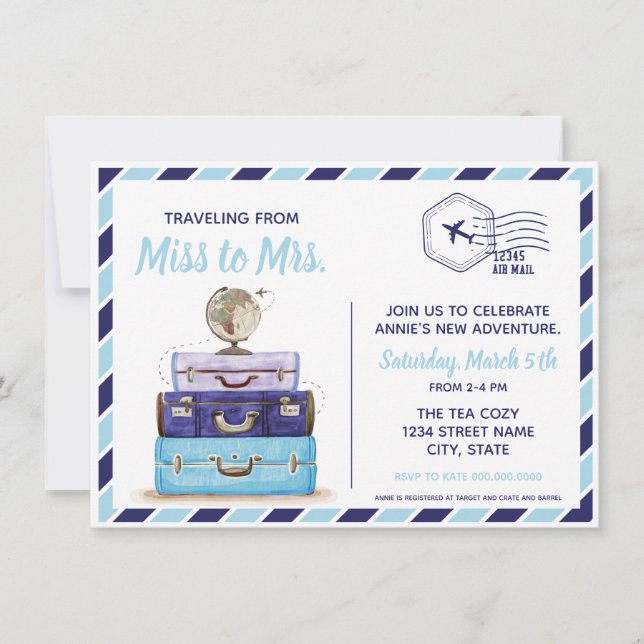 Blått resetema inbjudningskort för möhippan (Framsida)