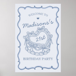 Blått Retro Heart Coquette Cake Birthday Välkommen Poster