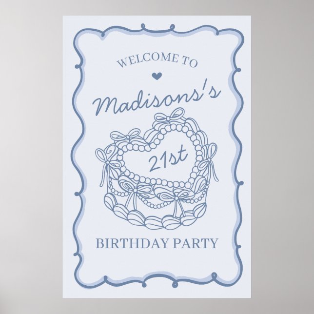 Blått Retro Heart Coquette Cake Birthday Välkommen Poster (Framsidan)