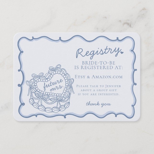 Blått Retro Heart Coquette Cake Registry Infoga Tilläggskort (Framsida)