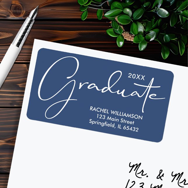 Blått Returadress för Studenten Elegant Adressetikett (Graduation Elegant Script Blue Return Address Labels)