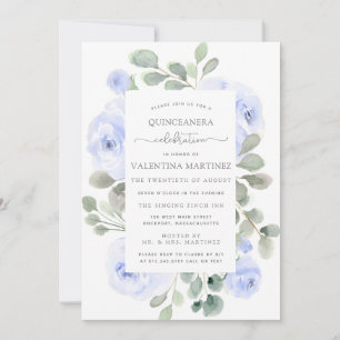 Blått Ro Blommigt Botaniskt quinceanera-inbjudan Inbjudningar