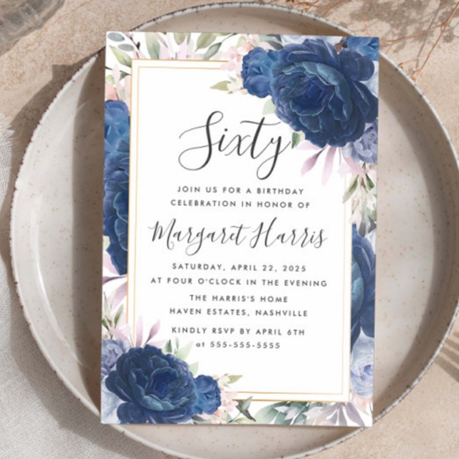 Blått Ro Blommigt Guld Ram 60:e födelsedag i Inbjudningar (Skapare uppladdad)
