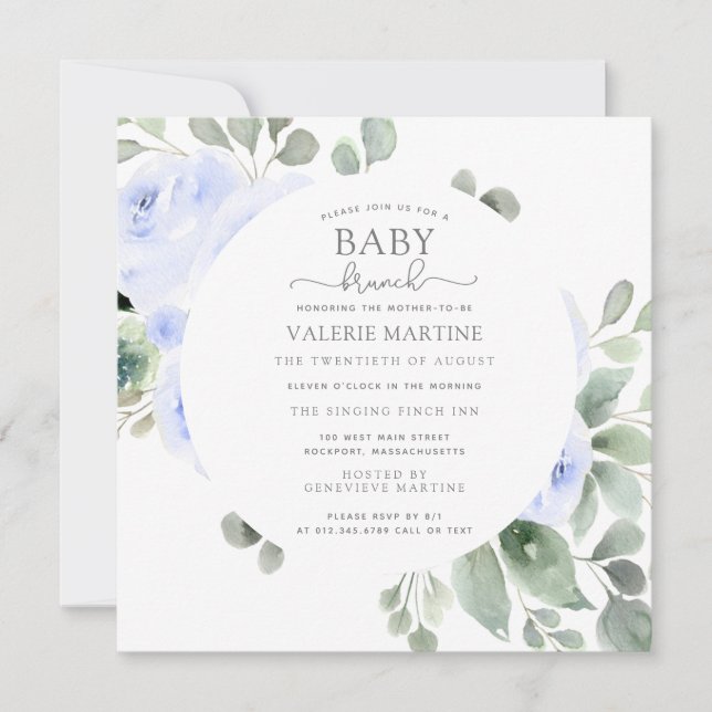 Blått Ro-inbjudan till Botaniska Baby-Brunch Inbjudningar (Framsida)