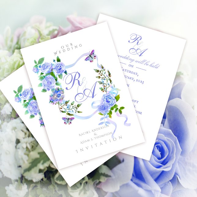 Blått Ro-inbjudan till Monogram-bröllop Julkort (Elegant Blue Rose Ribbon Monogram Invitation Card.)