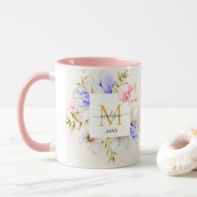 Blått & Rosa Akvarellblommig Monogram Mugg (Med munk)