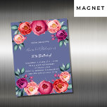 Blått rosa-blommigt-magnetinbjudan<br><div class="desc">En elegant inbjuder till magnetiskt kort för en 50:e (eller någon ålder) födelsedagsfest. Med  rosa,  lila och ro guld vattenfärgade blommor,  blommigtar som dekoration. Trendigets blå bakgrund. Namn är skrivet med ett handskript i stil.</div>