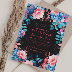 Blått rosa datum, svart för Floral babyvisning Inbjudningar