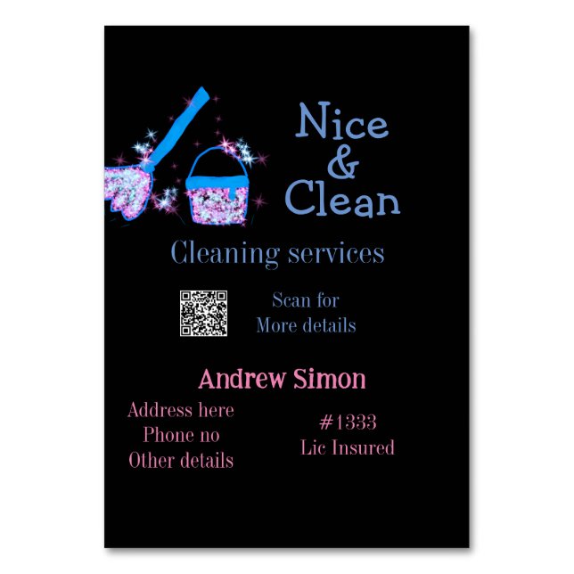 Blått rosa glitter rent mopp tillsätt namn adress  bordsnummer (Framsidan)