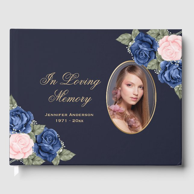 Blått Rosa Guld Blommigt Foto Memorial Funeral Gästböcker (Framsida)