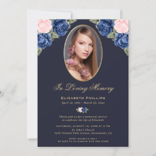 Blått Rosa Guld Blommigt Foto Memorial Funeral Inbjudningar